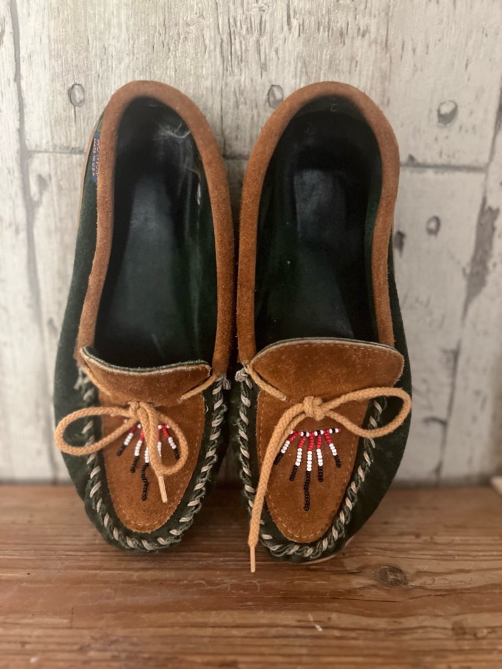 Sioux Mox made in the USA Suede Moccasin Flats in Brown and Dark Green